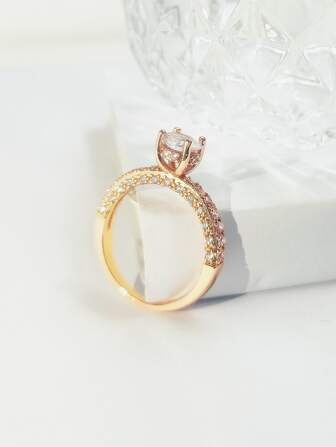 1pc Fashionable 18k Gold Plated Cubic Zirconia Women's Ring