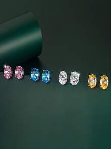 1pc Copper White, Pink & Blue Rhinestone Inlaid Oval Shaped Earring For Parties And Festivals - Blue - View 4