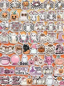 Retro Hippie Halloween Spooky Babe Stickers Pink Halloween Skeleton Pumpkin DIY Album Diary Deco Aesthetic Stickers Scrapbooking Material,School Supplies,Back To School