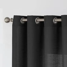 2 Panels Semi Sheer Curtains Living Room Bedroom Flax Linen Grommet Cream Voile Drapes,(2 Panels) - 黑色 - 查看 3