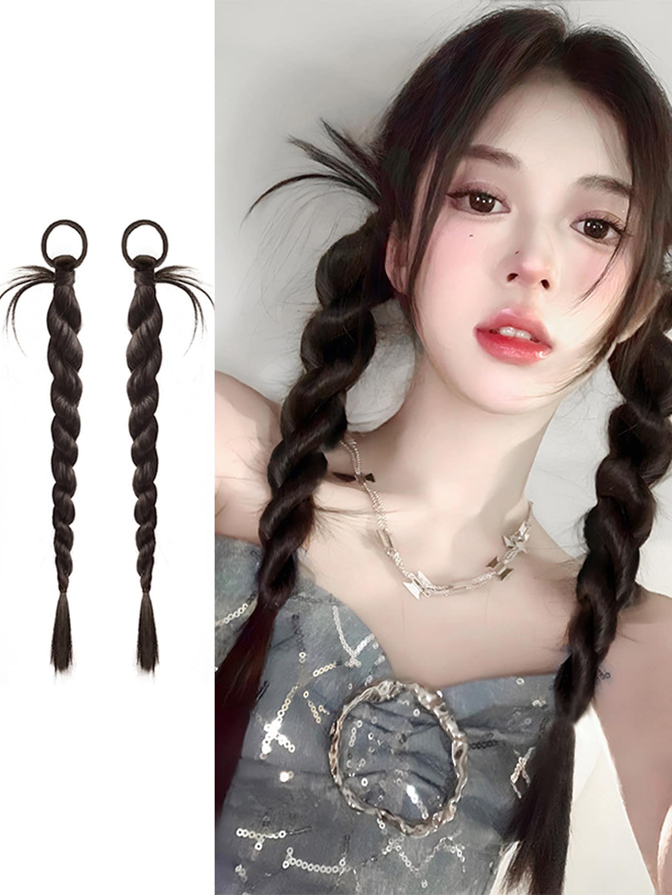 一對24英寸棕黑色頭髮扭曲辮子y2k風格,適合女性日常穿著、派對穿著,萬聖節頭髮裝飾。 - Black-brown - 查看 1