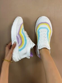 Unisex Couple's Low Top Breathable Sneakers, Stretch Fabric, Popcorn Sole, Multiple Purpose Shoes For Running And Daily Wear, White