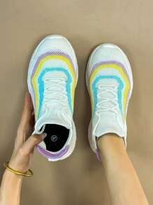 Unisex Couple's Low Top Breathable Sneakers, Stretch Fabric, Popcorn Sole, Multiple Purpose Shoes For Running And Daily Wear, White