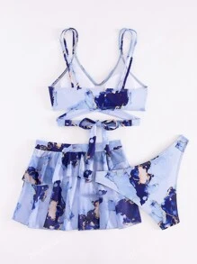 Marble Print Wrap Ruffle Hem Bikini Set With Beach Skirt Summer