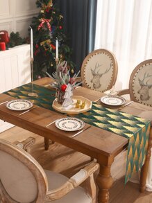 Miater 1pc Green Velvet & Gold Foil Christmas Tree Decoration Table Runner - Multicolor - View 6