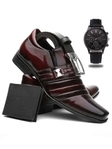 Kit Sapato Social Masculino em Verniz Homem Elegante com Cinto + Carteira + Relógio de Ponteiro - Vinho - Visão 1