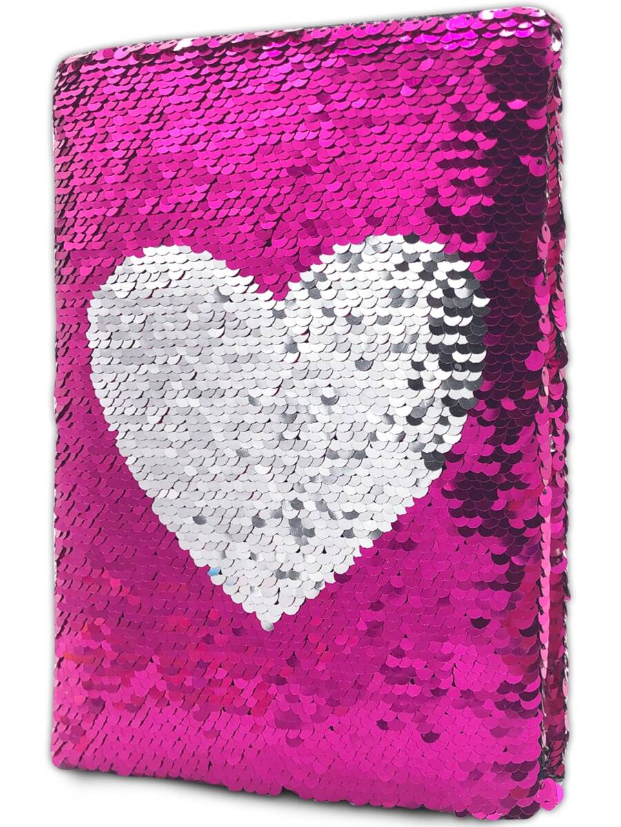 1pc 5-Subject Reversible Sequined Heart Shaped Notebook, Pink - Hot Pink - View 1