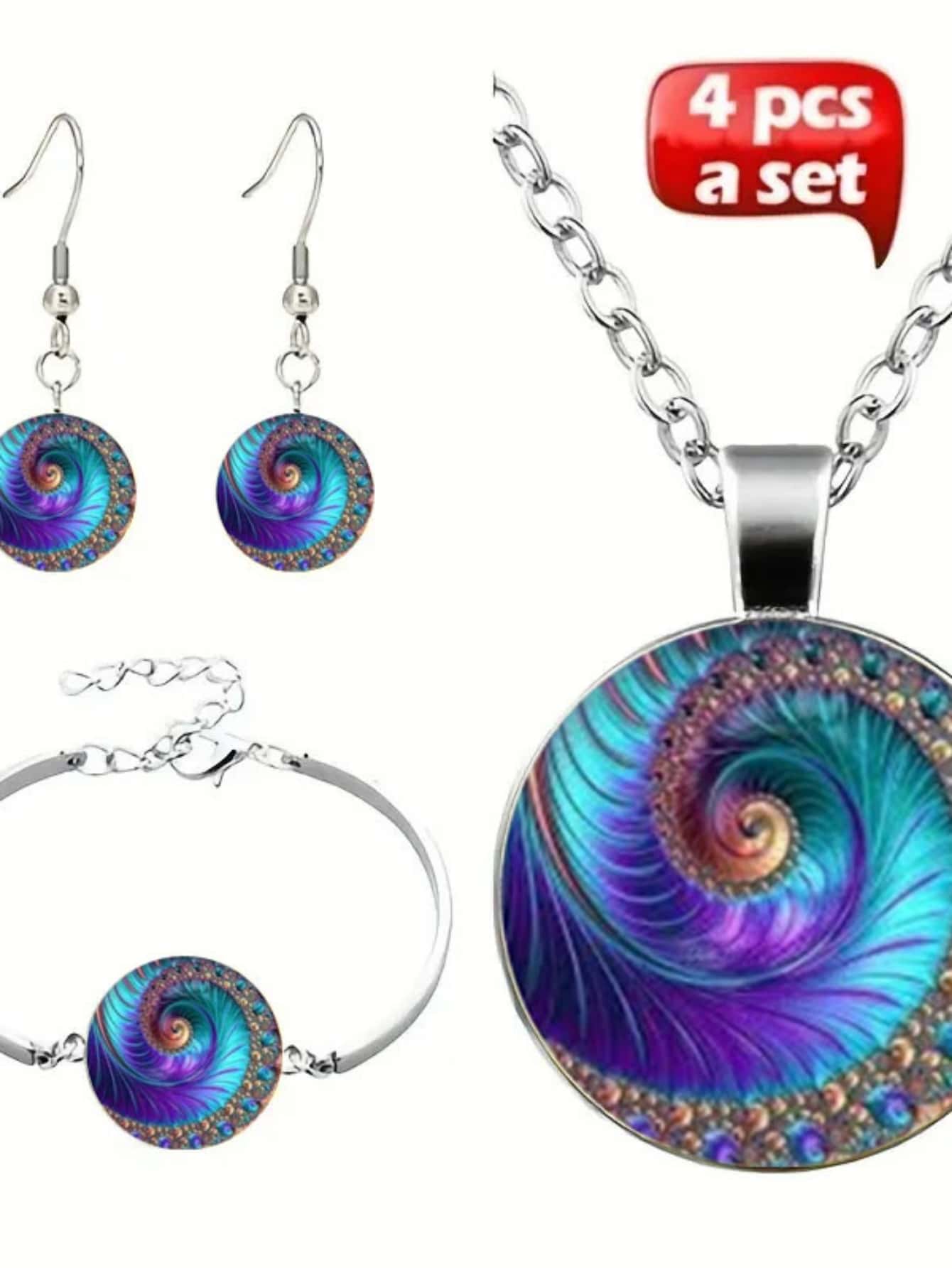 1set Peacock Feather Design Round Earrings Bracelet Necklace Jewelry Set For Women - Silver - View 1