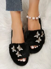 蝴蝶結&毛茸茸家居拖鞋適合女士,防滑,室內&戶外使用,舒服的辦公