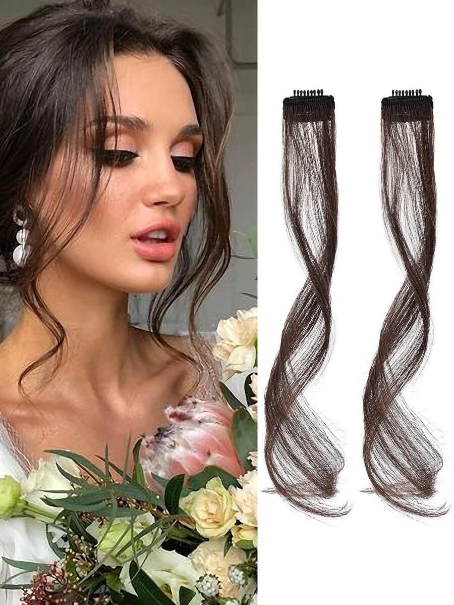 Long Side Bangs, Curly Wavy Clip In Front Bangs For Women, Daily Wear, Long Sideburns 2 Piece Set(Dark Brown) - Dark Brown - View 1