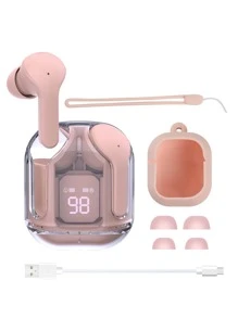 1入組全入耳式無線耳機,帶音量顯示、語音控制、麥克風、矽膠保護套和掛繩 - 藕粉色 - 查看 2