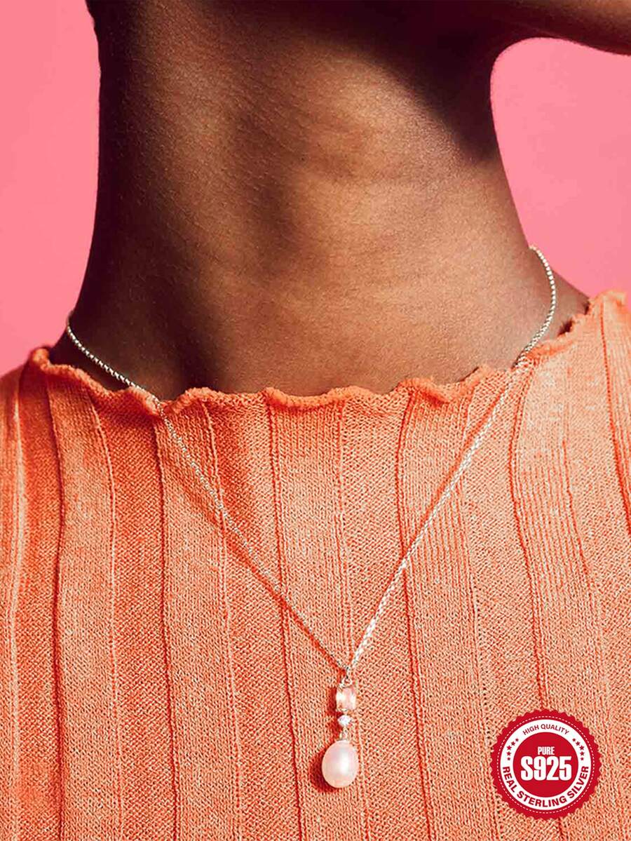 1片925純銀豪華香檳色氧化鋯珍珠吊墜項鍊18K鍍金45cm長度女性首飾類