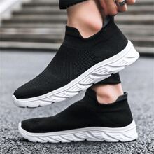 Men's Sneakers New Cushioned Running Shoes Lightweight Soft Sole Breathable Mesh Casual Sock Shoes For Autumn - Black and White - View 3