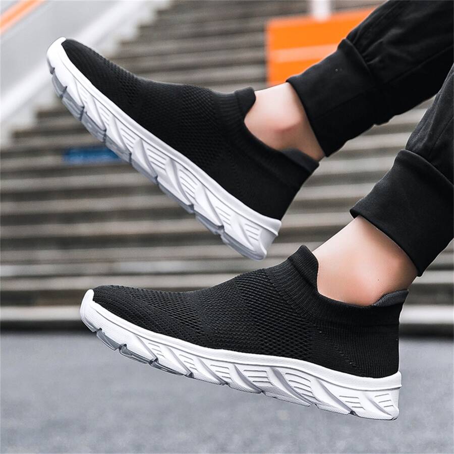 Men's Sneakers New Cushioned Running Shoes Lightweight Soft Sole Breathable Mesh Casual Sock Shoes For Autumn - Black and White - View 1