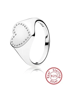 925純銀愛心形狀&立方氧化鋯石頭裝飾圓環適合女士,禮品適用於女朋友,情侶,派對,奢華,吊墜, - 銀色 - 查看 1