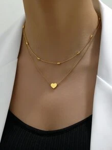 1pc Fashionable Double Layer Heart Shaped Stainless Steel Necklace, Women's Simple Work Accessory Valentines - Yellow Gold - View 11