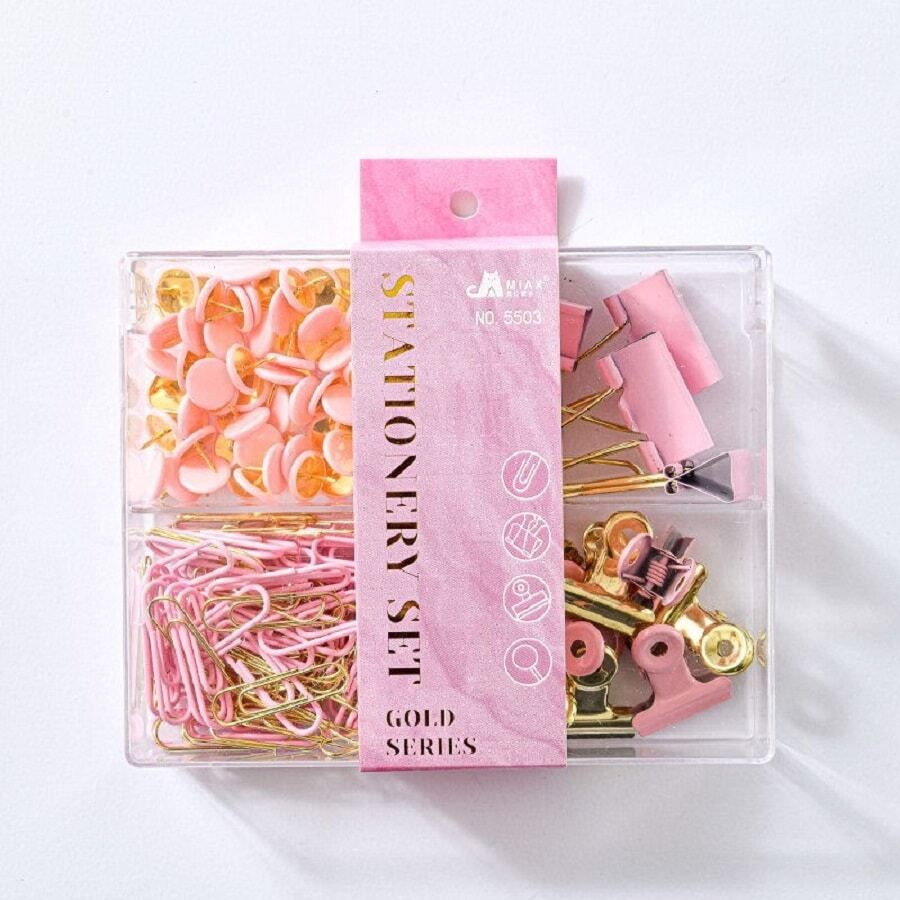 1 Box Of Mixed Golden Four Compartment Desk Office Set, Including Binder Clips, Paper Clips, Push Pins, And Paper Clamps - Pink - View 1