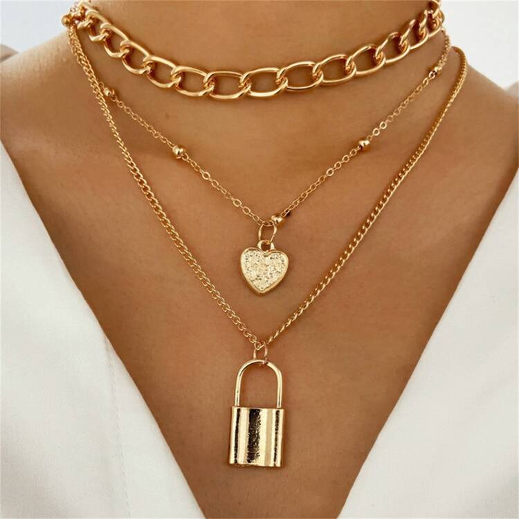 Lock Necklace for Women Filled Padlock Lock Pendant Chain Necklace Girls Layered Lock and Key Choker Necklace Jewelry SHEIN ASIA