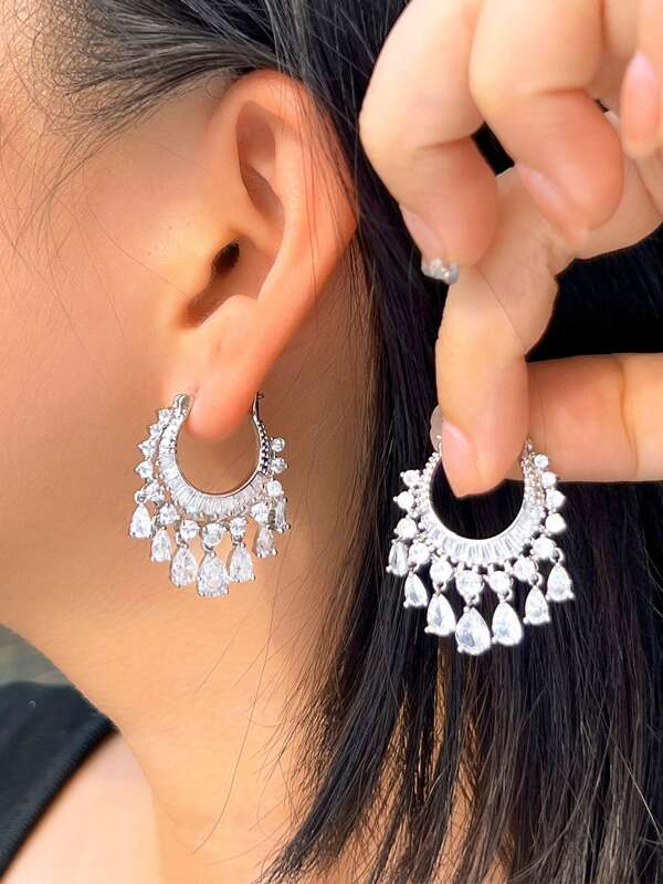 1 Pair Top Gorgeous White Cubic Zirconia Dangle Tassel Water Drop Charms Hoop Earrings For Women Wedding Party