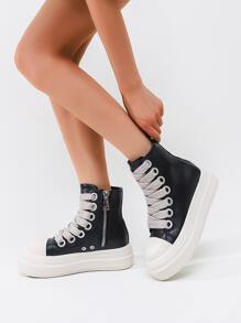 Alan Vincent Black Shoes For Women 2025 New Style Women Boots High Boots Women Lace-Up Zip Black Platform Boots Increase 5cm Party Shoes For Women Daily Wear Ladies Shoes Casual Fashion Sneakers Outdoor Comfort Shoes Suitable For Short Women Dark Motorcycle Style - Black - View 6