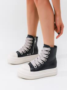 Alan Vincent Black Shoes For Women 2025 New Style Women Boots High Boots Women Lace-Up Zip Black Platform Boots Increase 5cm Party Shoes For Women Daily Wear Ladies Shoes Casual Fashion Sneakers Outdoor Comfort Shoes Suitable For Short Women Dark Motorcycle Style - Black - View 7