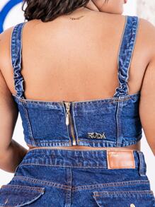 Plus Size Denim Tops - 深色水洗藍 - 查看 3