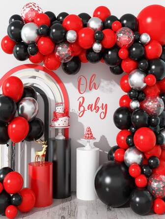 104 pièces Ensemble de décoration de fête d'anniversaire, kit d'arc de guirlande de ballons en argent, noir et rouge avec paillettes pour Halloween. Guirlande de ballons noirs et rouges, arc de ballons pour anniversaire, mariage, baby shower, remise des diplômes, fête de Noël