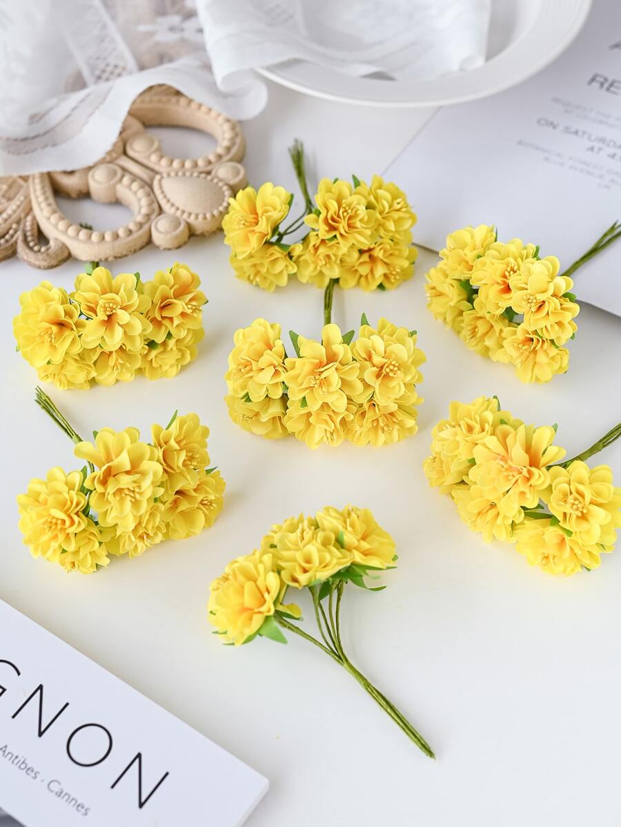 1束（6头）仿真康乃馨花束迷你字母DIY花环材料糖果盒配件家居婚庆装饰新娘手腕花胸花头花材料新年装饰生日派对蛋糕配件、情人节、礼物 - 黃色 - 查看 1