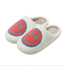 閃電微笑臉部拖鞋女性男士毛茸茸屋家居拖鞋可愛微笑圖案禮品搖粒絨平底女士們室內冬天鞋 - 橘色 - 查看 2