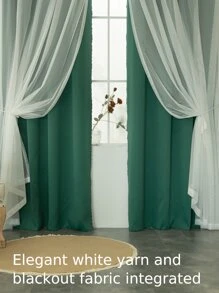 Cortinas De Diseño De Doble Capa Elegante Para Oscurecimiento De La Habitación, Aislamiento Térmico, Protección Solar, Combinación De Gasa Blanca Y Sombra Verde Oscura, Decoración Moderna Perfecta Para Sala De Estar, Dormitorio. - Verde Oscuro - Ver 3
