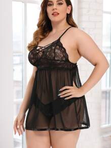 Women's Plus Size Cross V-neck, Backless Design Lace Lingerie Set - Black - View 5