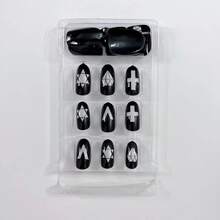 24入組時尚中長期圓形強力遮瑕黑色美甲套裝適用於派對,跳舞,日常穿著和女士們假期黑色幾何按壓指甲