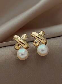 1 đôi Thanh lịch Và Sang trọng Retro Vượt qua Ngọc trai Giả Hoa tai , Thích hợp Đối với Của phụ nữ Mặc hàng ngày - Vàng - Xem 3