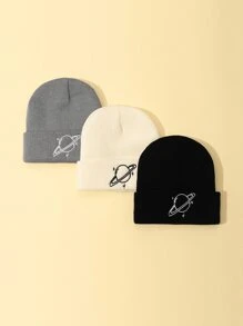 3入組刺繡星球設計柔軟保暖針織帽子,厚實舒適,適用於男女寶寶和幼兒冬季使用 - 彩色 - 查看 1