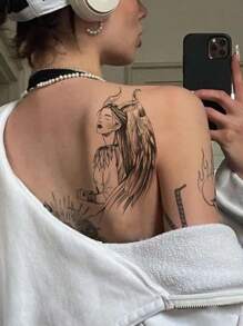 防水臨時紋身貼紙,帶翅膀女巫逼真形象,適合男士、女士和女孩 - 黑色 - 查看 2