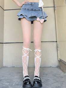 1双女士系带夏季薄款个性化镂空网眼白色中筒袜 - 白色 - 查看 3