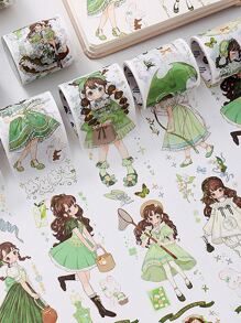 1 Roll Random Cute Girl Pattern Washi Tape Sticker For Multipurpose Diy Craft, Scrapbooking And Journaling Decoration - Green - View 1