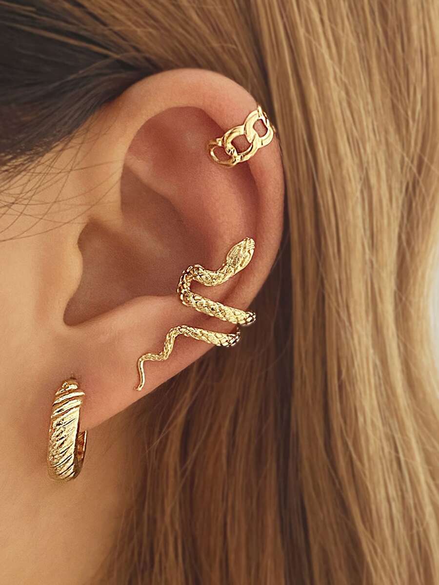 跨境復古蛇耳環套裝,時尚3入組冷色調蛇形耳朵夾,流行 - 金色 - 查看 1