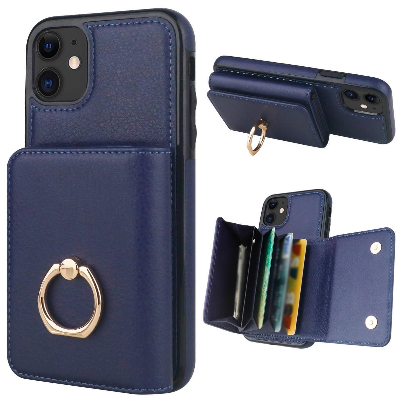 Tương thích với bao đựng ví iPhone 11 có ngăn đựng thẻ, bao da 4 ngăn đựng thẻ, chân đế giữ vòng xoay 360°, khóa RFID đôi kẹp từ tính bảo vệ bền 6,1 inch (Xanh lam) - Màu xanh lam - Xem 1