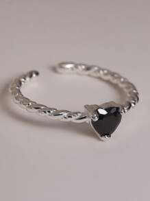 1只時尚簡約黑色心形鋯石扭繩開口可調整戒指,適合女性日常佩戴 - 銀色 - 查看 3