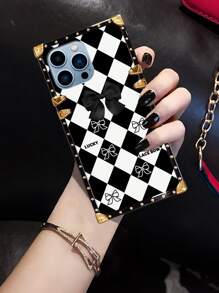 1pc Fashionable Checkered Rectangle Pattern Protective Phone Case Compatible With Apple 13 Pro Max - Black and White - View 5