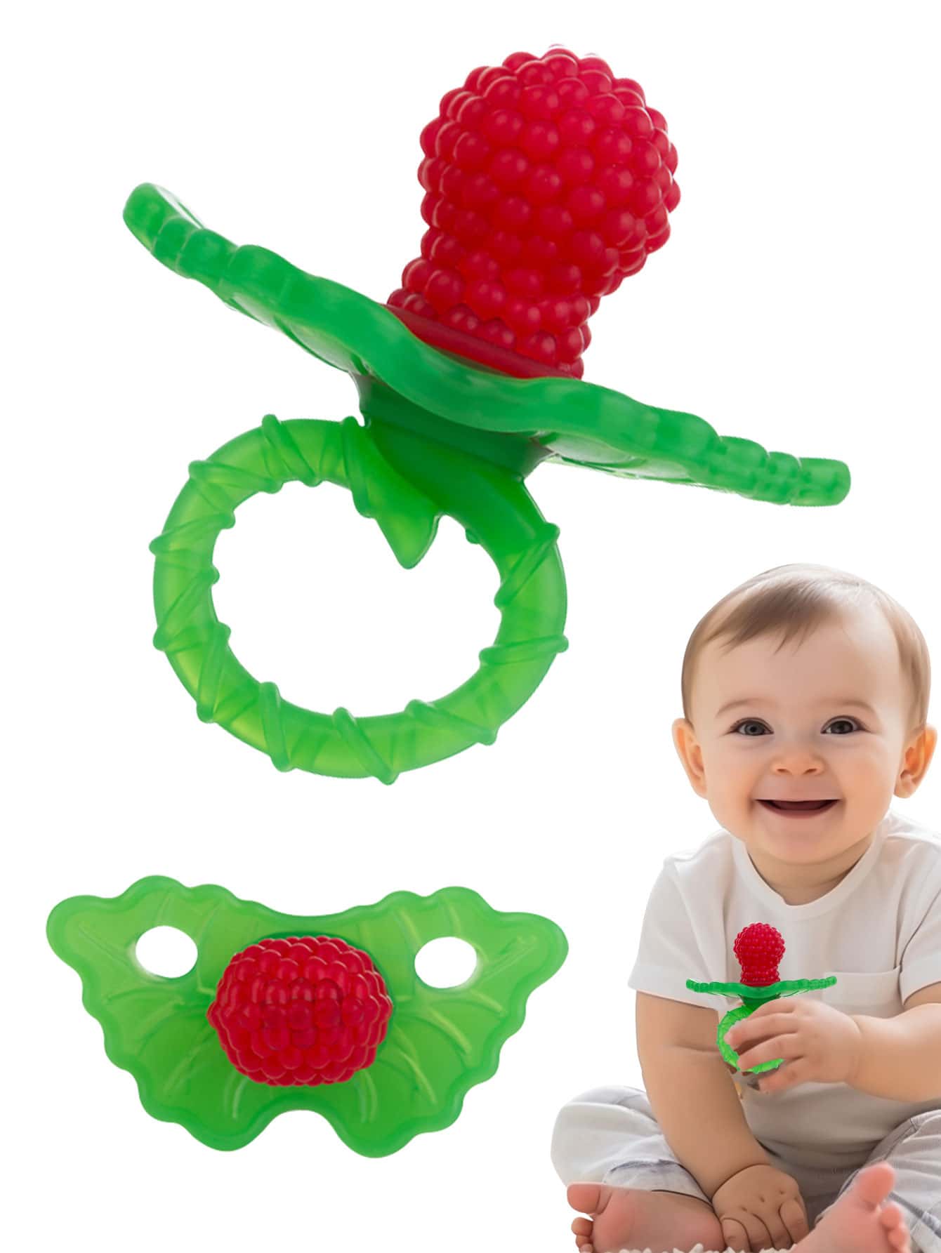 1入組矽膠嬰兒咬咬玩具- Berrybumps紓解寶寶齦痛-嬰兒咬咬玩具-雙手無拘束設計-易握設計-牙齒緩解奶嘴-水果形状/紅色（部分零件可能是隨機的） - 紅色 - 查看 1