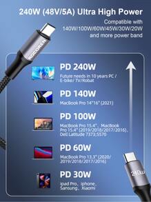 Rocoren 240W USBC 转 Type C 快速充电充电器线 PD3.1/QC5.0 USB C 转 USB C 线，兼容 140W 100W 快速充电，480 Mbps 数据传输，适用于 Pro/Air、iPad Pro/Air、Galaxy S23/22/21、与 Apple 笔记本电脑兼容的笔记本电脑 - 灰色 - 查看 3