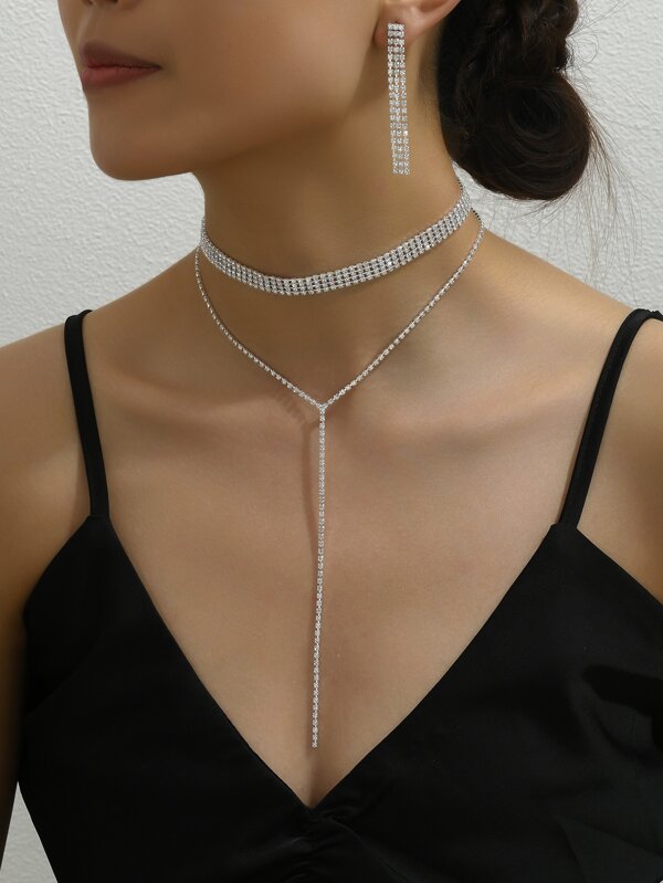 1pc Double Layered Rhinestone Y-shape Necklace + 1pair Rhinestone Decor Fancy Evening Party Earrings