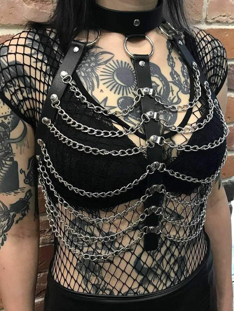 1 Pieza Estilo Gótico Cinturón De Cintura De PU Con Detalles De Cadena Para Trajes De Festival - Negro - Ver 1