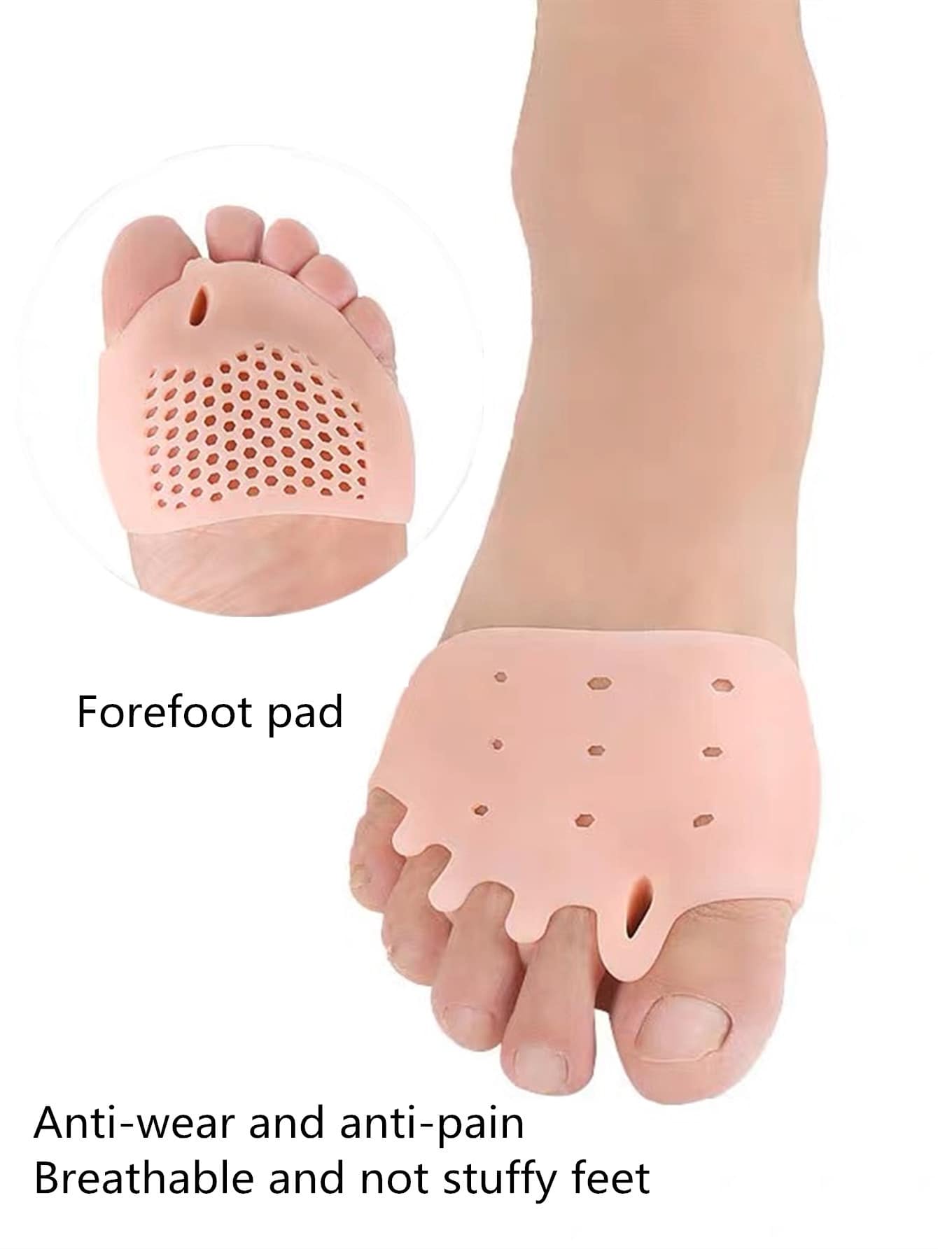 Silicone forefoot pad with toe separators for moisturizing and anti