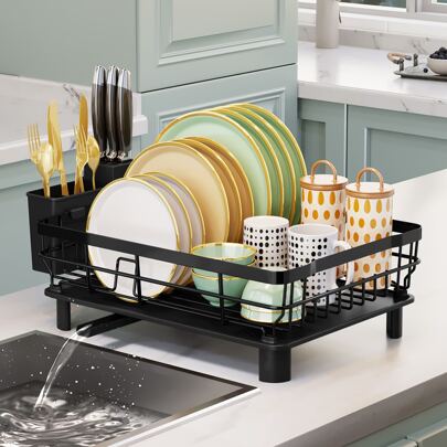 1pc Automatic Drain Bowl & Dish Drying Rack With Cutlery Box, Kitchen Organizer In Black