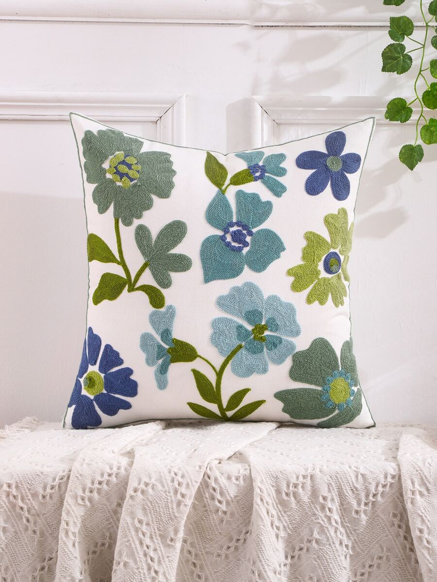Miater 1pc Canvas Flower Embroidery Cushion Cover - Blue - View 1