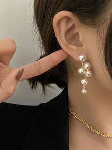 1 Par De Aretes Largos En Forma De Uva Con Perlas Elegantes Y Refinados Para Mujeres Dulces - Blanco - Ver 2