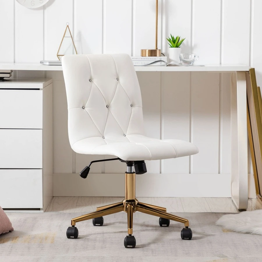 Duhome Modern Home Office Chair, Cute White Desk Chair with Gold Base, PU Leather Task Chair Computer Chair Rolling Chair with Wheels, Armless Vanity Chair